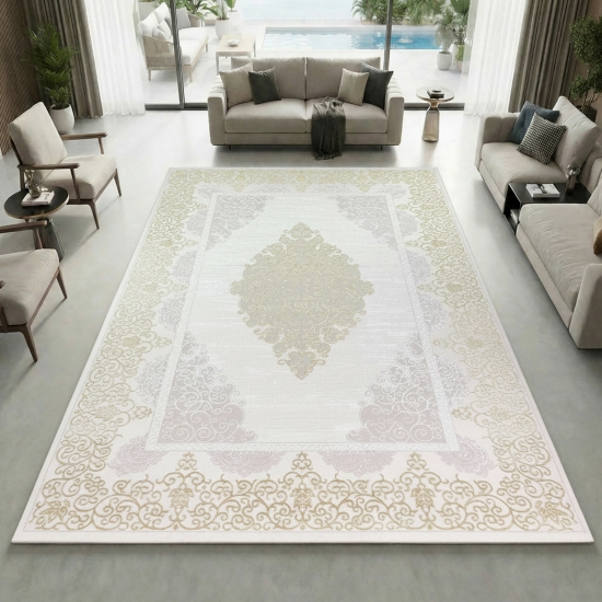 Designer Teppich mit Orientalischem Muster in weiß gold grau