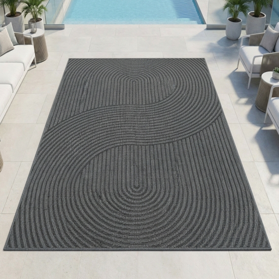 Teppich Outdoor grafisches Wellenlinien Design wetterfest Terrasse Balkon Anthrazit