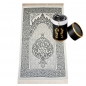 Preview: Gebetsteppich Taftstoff Grau 65 x 110 cm mit Geschenkbox und 99er Gebetskette – klassisches Set für Gebet & Besinnung