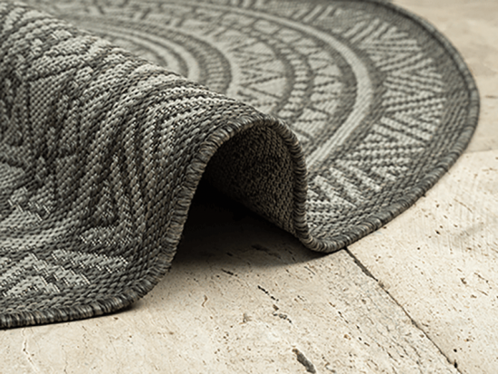 Preview: Runder Outdoor-Teppich mit Ethno-Muster in Dunkelgrau für Terrasse und Balkon Preview: Runder Outdoor-Teppich mit Ethno-Muster in Dunkelgrau für Terrasse und Balkon