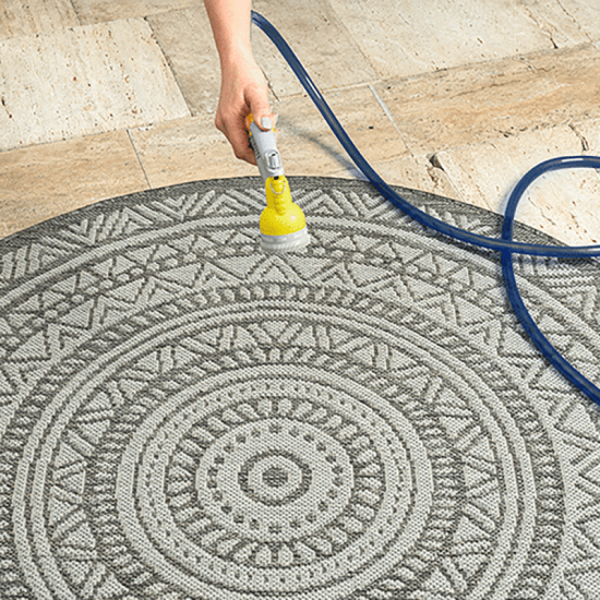 Preview: Runder Outdoor-Teppich mit Ethno-Muster in Dunkelgrau für Terrasse und Balkon Preview: Runder Outdoor-Teppich mit Ethno-Muster in Dunkelgrau für Terrasse und Balkon