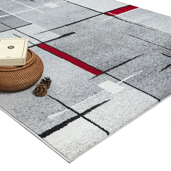 Preview: Moderner Kurzflorteppich mit Linienmuster in Grau, Weiß und Rot für den Innenbereich