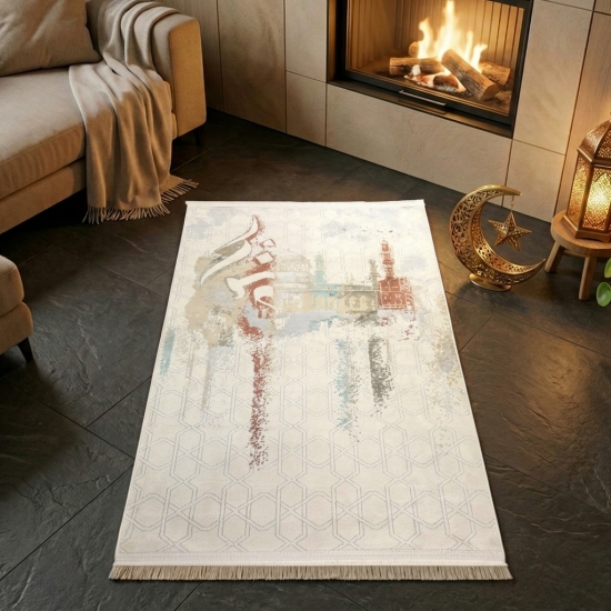 Gebetsteppich mit Kalligrafie und Moschee-Motiv in hellen Naturtönen