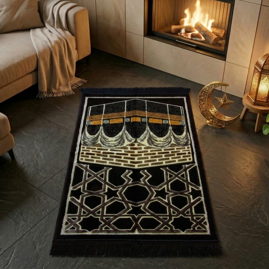 Gebetsteppich Schwarz Gold Beige pflegeleicht mit Fransen für Zuhause