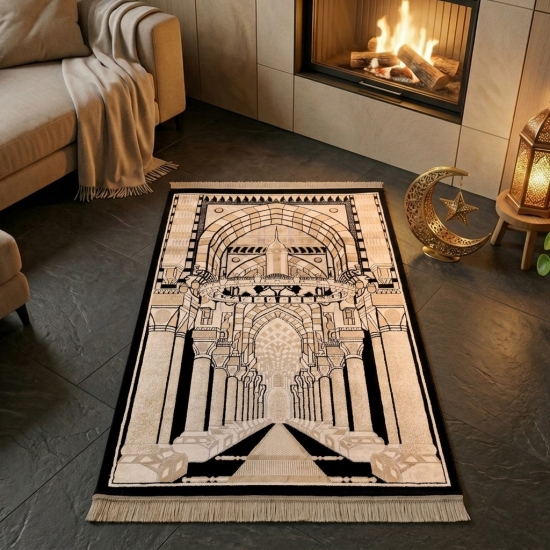 Gebetsteppich mit Moschee-Architektur Motiv in Schwarz und Beige