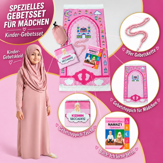 Kinder Gebetsset Rosa mit Gebetsteppich Gebetskleid und Lernbuch