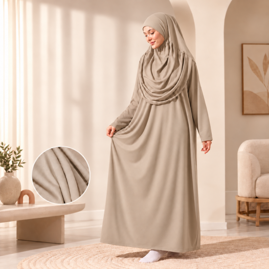 Langes Gebetsgewand Beige mit passender Kopfbedeckung und Beutel