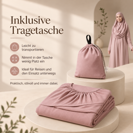 Langes Gebetsgewand Rosa mit passendem Kopftuch und Stoffbeutel