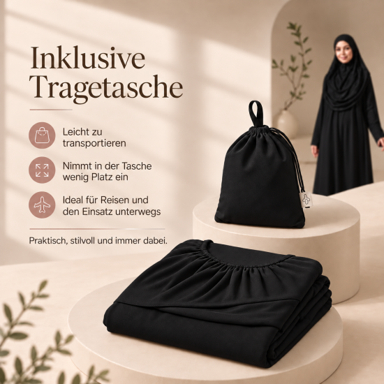 Langes Gebetsgewand Schwarz mit Kopftuch und praktischem Beutel