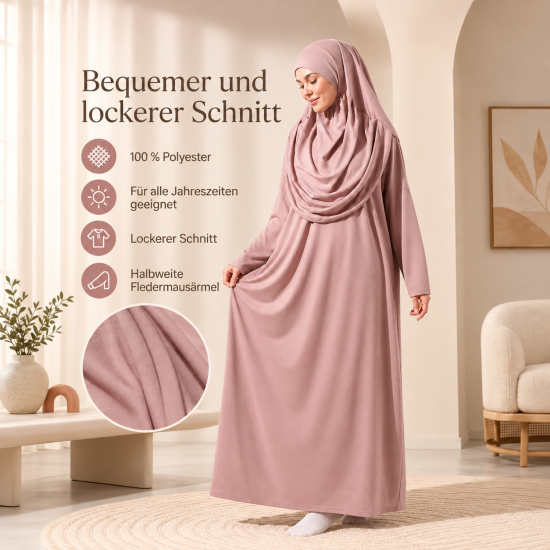 Langes Gebetsgewand Rosa mit passendem Kopftuch und Stoffbeutel