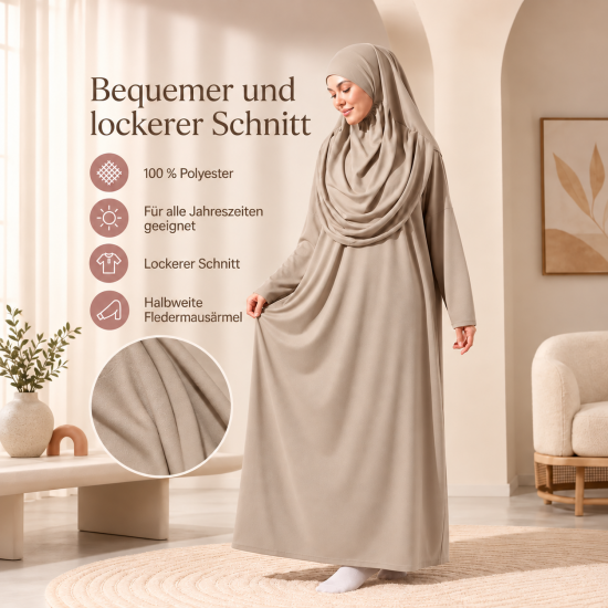 Langes Gebetsgewand Beige mit passender Kopfbedeckung und Beutel