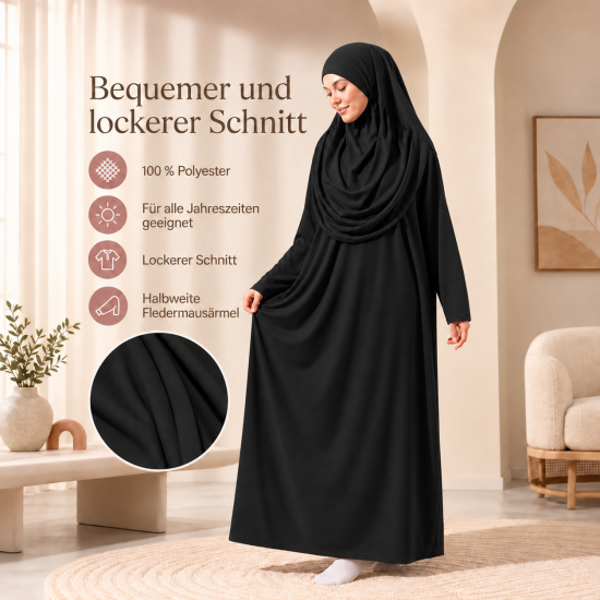 Langes Gebetsgewand Schwarz mit Kopftuch und praktischem Beutel