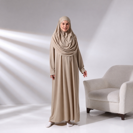 Langes Gebetsgewand Beige mit passender Kopfbedeckung und Beutel