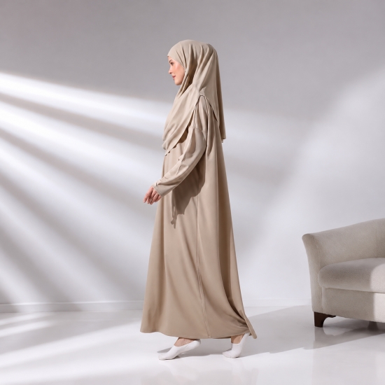 Langes Gebetsgewand Beige mit passender Kopfbedeckung und Beutel