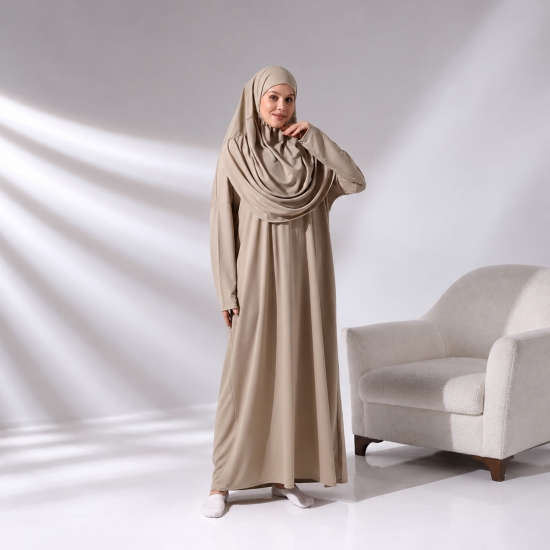 Langes Gebetsgewand Beige mit passender Kopfbedeckung und Beutel