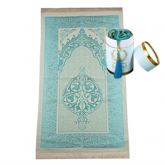 Gebetsteppich Taftstoff Blau 65 x 110 cm mit Geschenkbox und 99er Gebetskette – stilvolles Geschenk für Gebet und Alltag