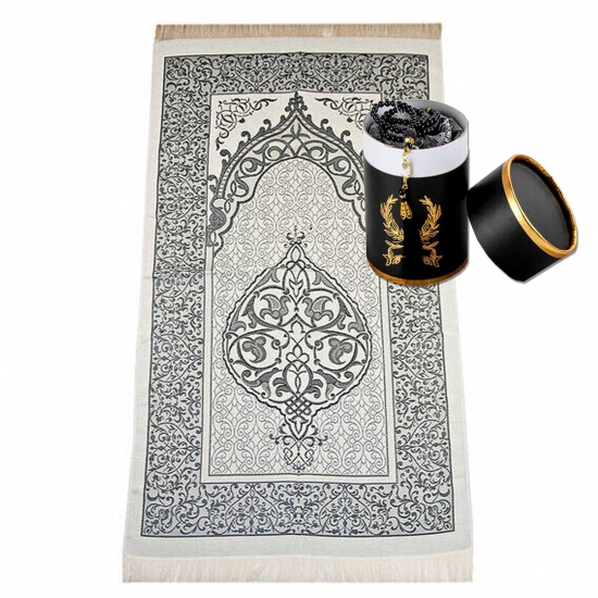 Gebetsteppich Taftstoff Grau 65 x 110 cm mit Geschenkbox und 99er Gebetskette – klassisches Set für Gebet & Besinnung