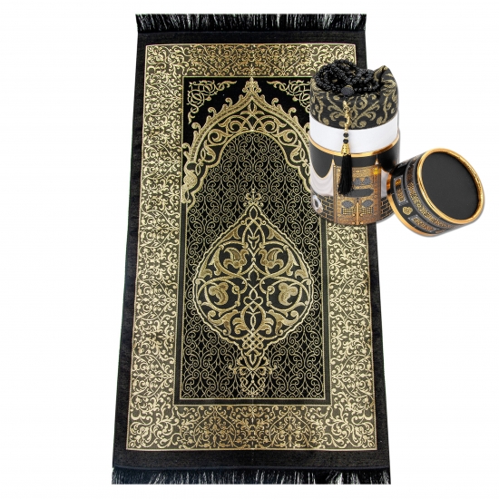 Gebetsteppich Taftstoff Schwarz-Gold 65 x 110 cm mit Geschenkbox und 99er Gebetskette – exklusives Set für besondere Momente