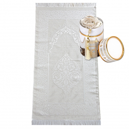 Gebetsteppich Taftstoff Weiß 65 x 110 cm mit Geschenkbox und 99er Gebetskette – elegantes Geschenk für Gebet und Reise