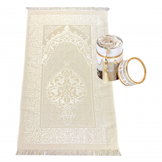 Gebetsteppich Taftstoff Weiß 65 x 110 cm mit Geschenkbox und 99er Gebetskette – elegantes Geschenk für Gebet und Reise