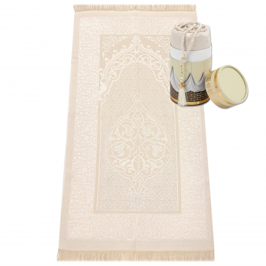 Gebetsteppich Taftstoff Creme 65 x 110 cm mit Geschenkbox und 99er Gebetskette – edles Design für Zuhause und unterwegs