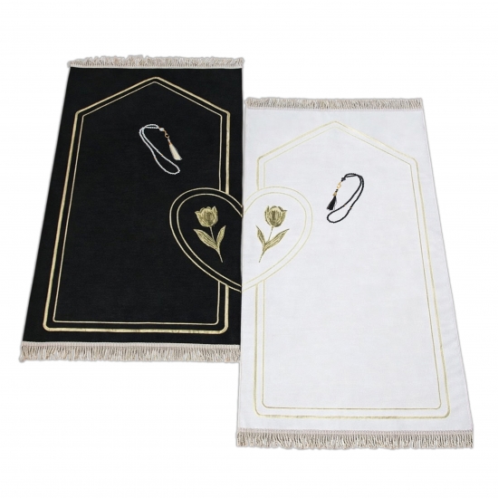 Preview: Partner Gebetsteppiche mit Tulpenmuster – weich, elegant in Schwarz-Weiß
