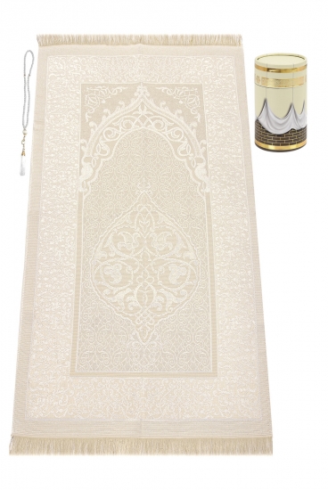 Gebetsteppich Taftstoff Creme 65 x 110 cm mit Geschenkbox und 99er Gebetskette – edles Design für Zuhause und unterwegs