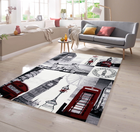 Designer Teppich London Motiv Creme Grau Rot Schwarz