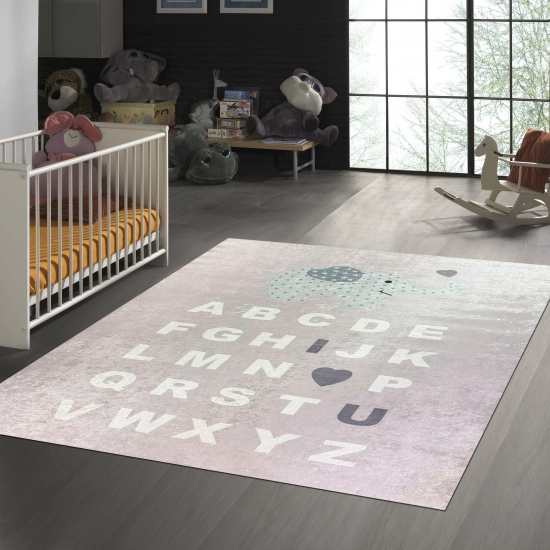 Kinderteppich ABC mit Elefant in Rosa
