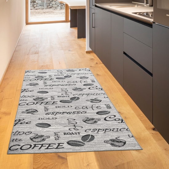 Preview: Teppich Küche mit Schriftzug Coffee in Sisal Optik in grau