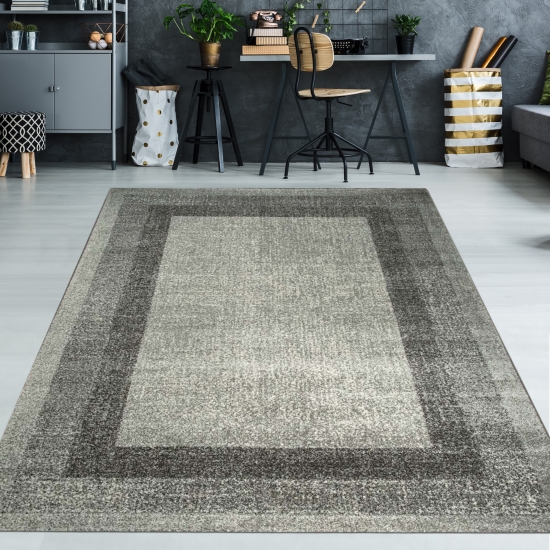 Designer Wohnzimmer Teppich Modern kurzflor vintage seitlich gekettelt in grau creme