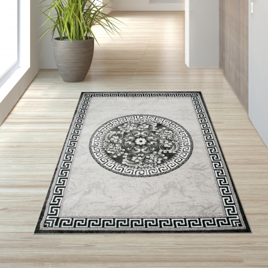 Preview: Moderner Teppich mit Glitzergarn Bordüre und Kreismuster in Grau Anthrazit Creme