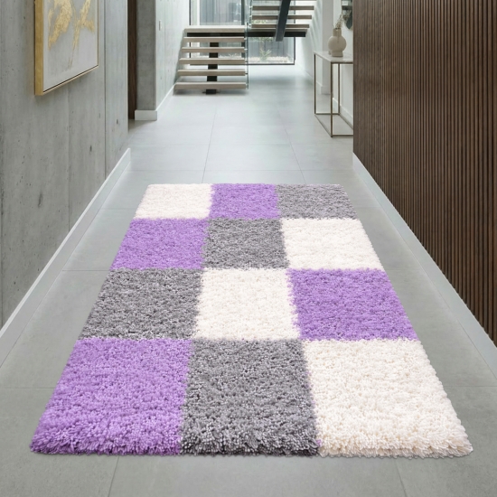 Preview: Weicher Shaggy Teppich Mehrfarbig Flieder Grau Creme – moderner Hochflor Teppich