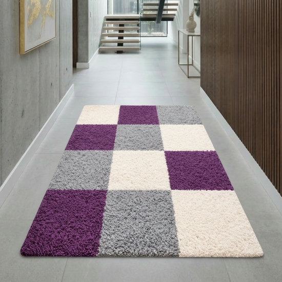 Weicher Shaggy Teppich Mehrfarbig Lila Grau Creme – moderner Hochflor Teppich flauschig pflegeleicht