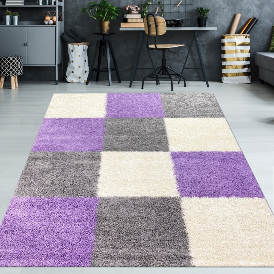 Shaggy Teppich Hochflor Teppich Gemustert in Karo Design Flieder Grau Creme