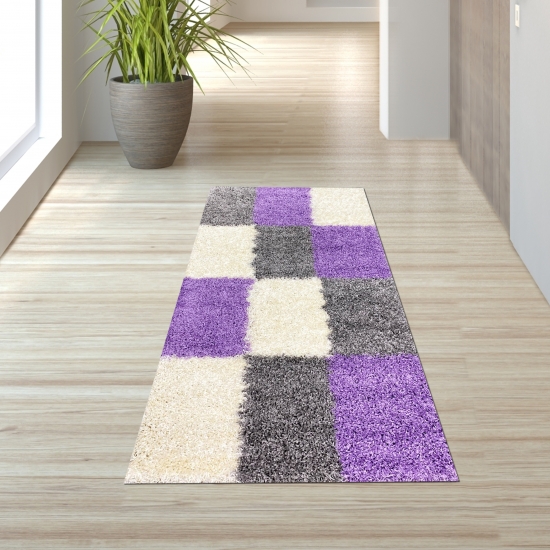 Preview: Shaggy Teppich Hochflor Teppich Gemustert in Karo Design Flieder Grau Creme