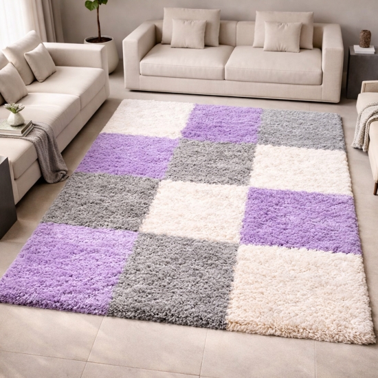 Weicher Shaggy Teppich Mehrfarbig Flieder Grau Creme – moderner Hochflor Teppich