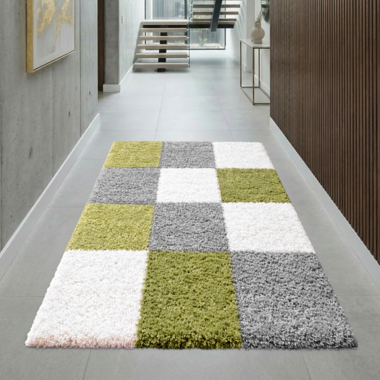 Weicher Shaggy Teppich Mehrfarbig Grün Grau Creme – moderner Hochflor Teppich
