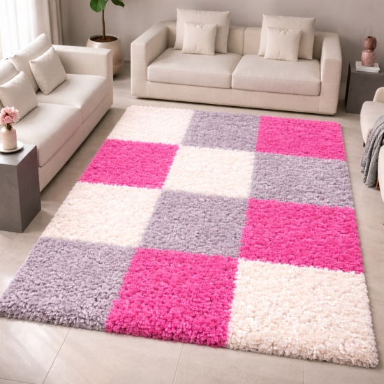 Weicher Shaggy Teppich Mehrfarbig Rosa Grau Creme – moderner Hochflor Teppich