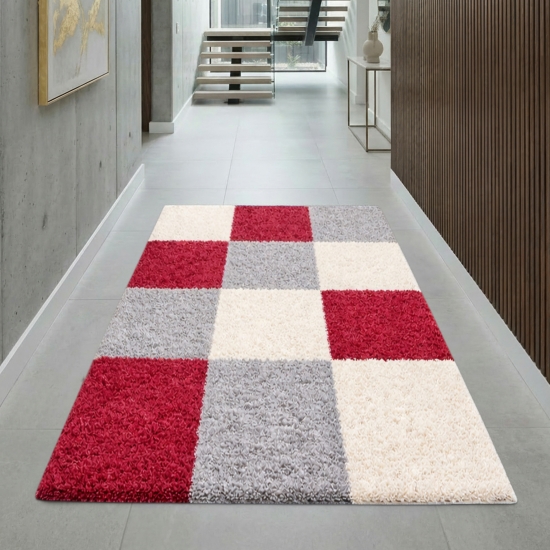 Weicher Shaggy Teppich Mehrfarbig Rot Grau Creme – moderner Hochflor Teppich
