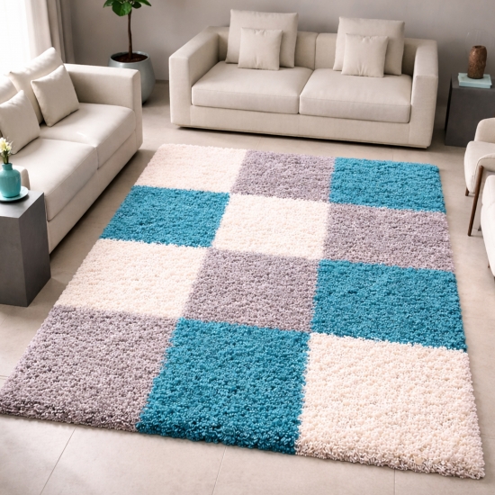 Weicher Shaggy Teppich Mehrfarbig Türkis Grau Creme – moderner Hochflor Teppich