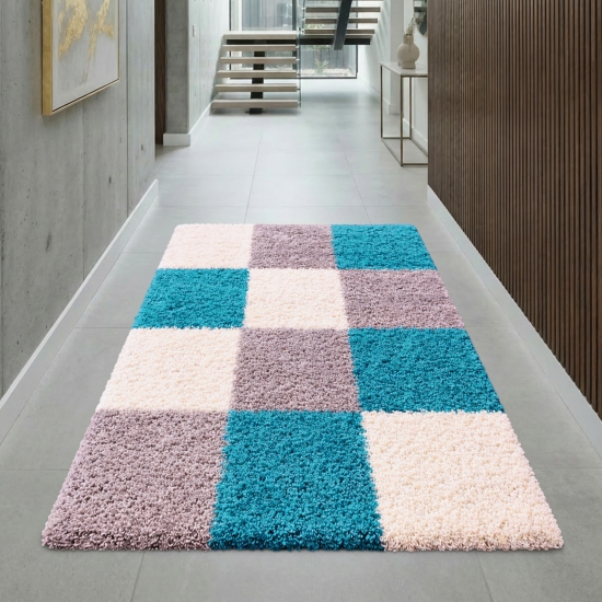 Weicher Shaggy Teppich Mehrfarbig Türkis Grau Creme – moderner Hochflor Teppich