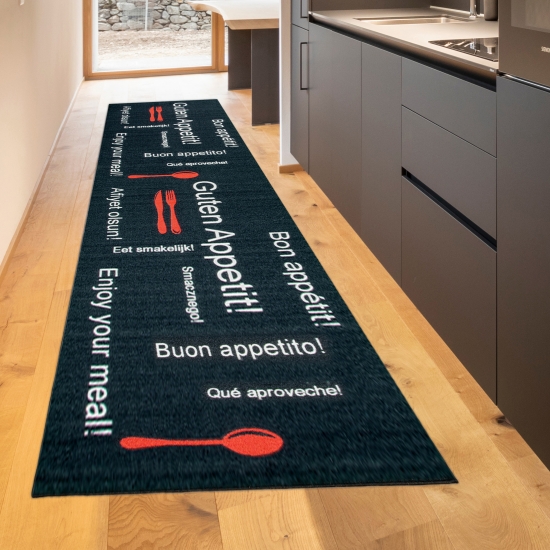 Küchenteppich waschbar mit Schriftzug Guten Appetit in Schwarz Rot