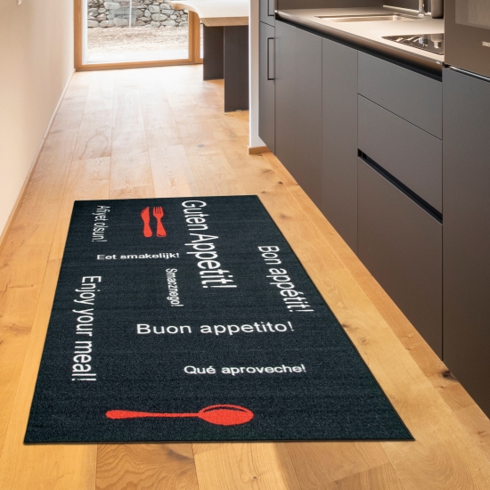 Preview: Küchenteppich waschbar mit Schriftzug Guten Appetit in Schwarz Rot