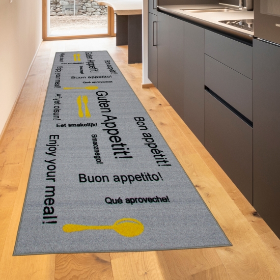 Küchenteppich waschbar mit Schriftzug Guten Appetit in Grau Gelb