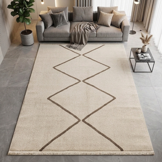 Pflegeleichter Kurzflor Teppich Creme Braun mit Rautenmuster
