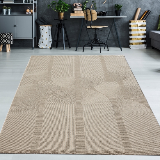 Recycle Teppich mit modernen ovalen Formen liniert in beige