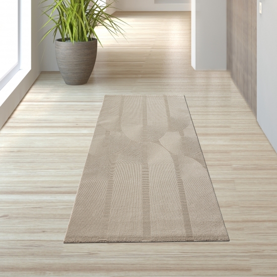 Preview: Recycle Teppich mit modernen ovalen Formen liniert in beige