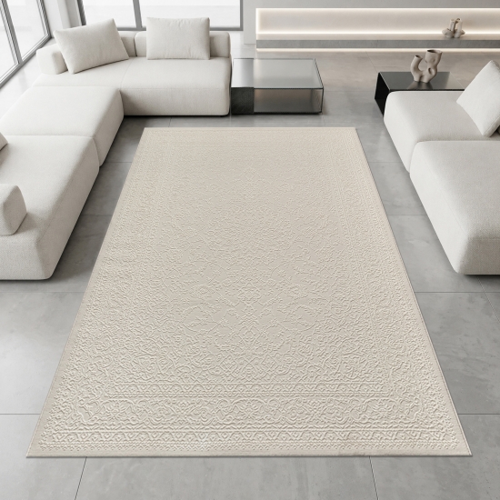 Teppich Creme Ornament Muster pflegeleicht aus recyceltem Material