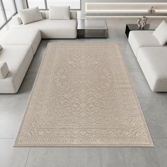 Teppich Taupe Ornament Muster pflegeleicht aus recyceltem Material